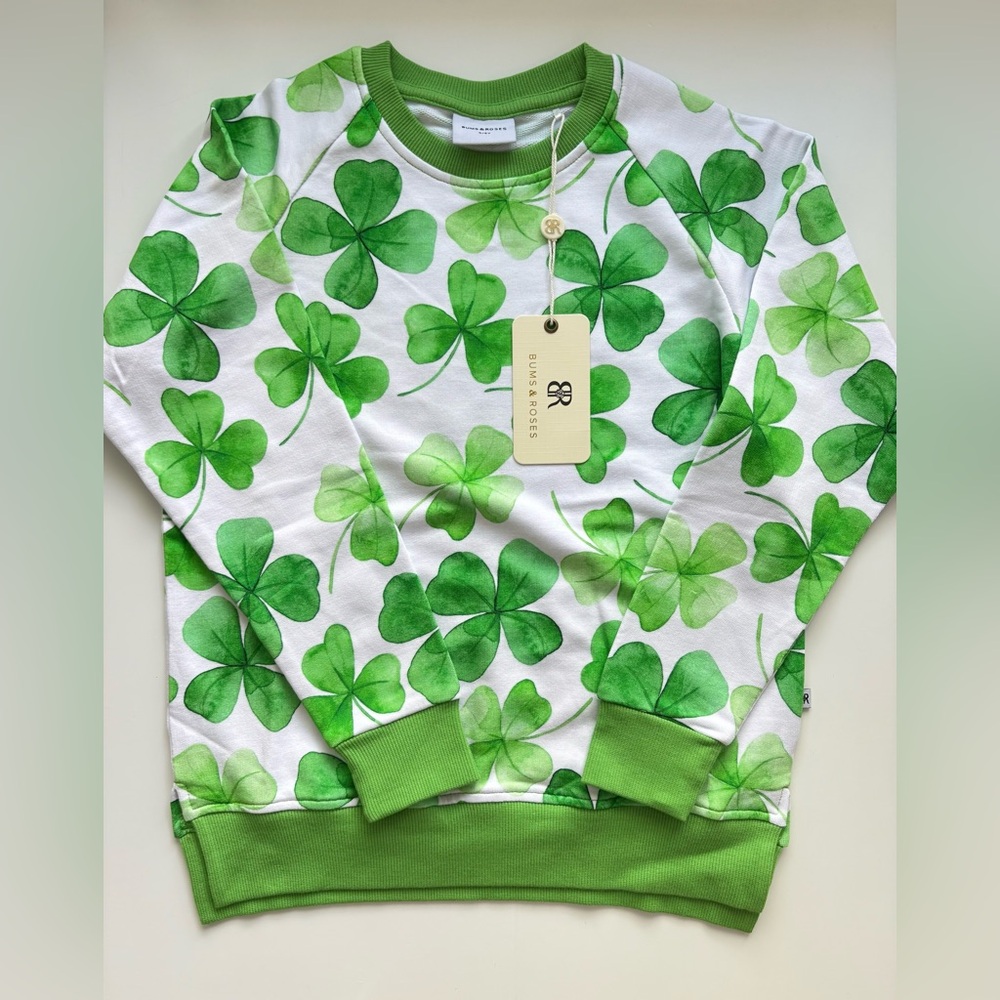 Bums & Roses Natural Bamboo Happy Go LuckyShamrock Print Crew Neck